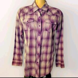 Cumberland Outfitters Womens Purple Plaid Pearl Snap Long Sleeved Blouse Size M